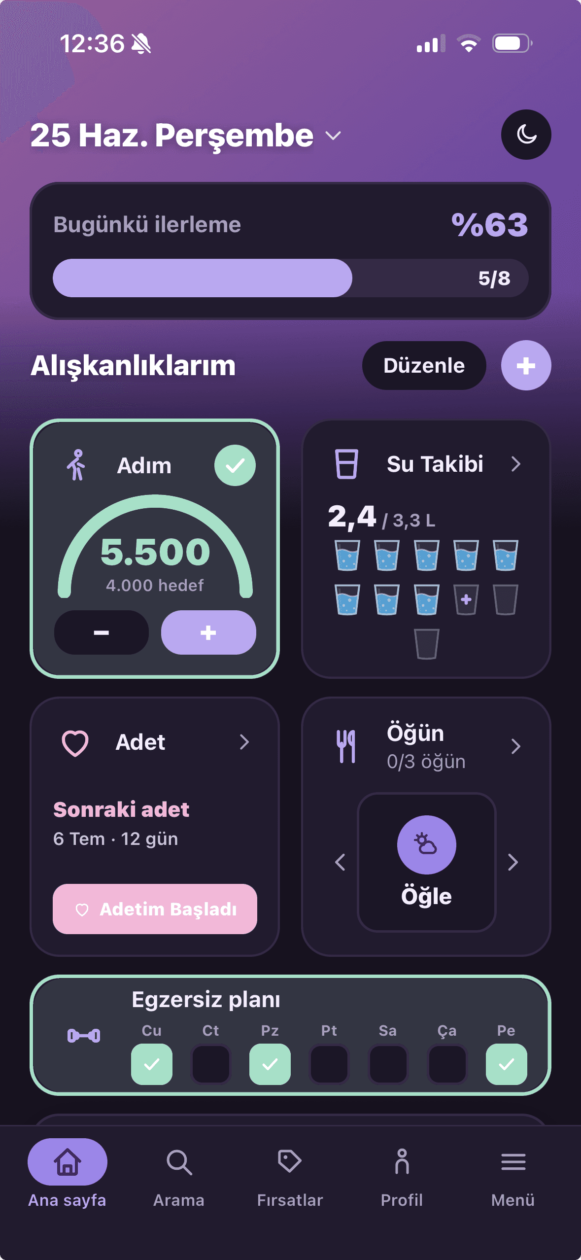 NEFY günlük alışkanlık ve ilerleme ekranı