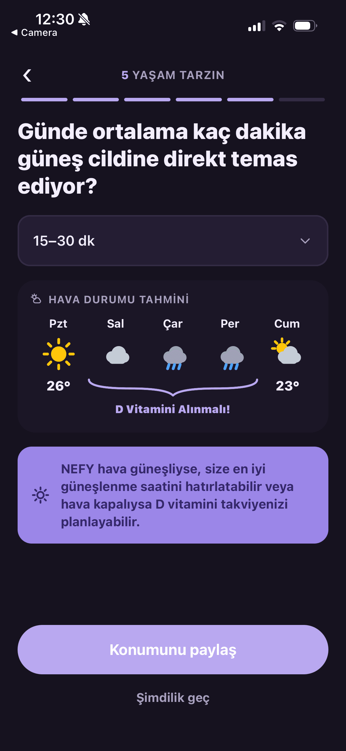 NEFY güneşlenme ve D vitamini planlama ekranı